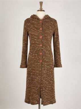Vintage Clovis USA Hooded Boucle Sweater Coat Brown Duster Boho USA Sz M Y2K